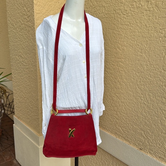 Paloma Picasso Red Suede Handbag Double Shoulder Strap Versatile - Picture 3 of 11